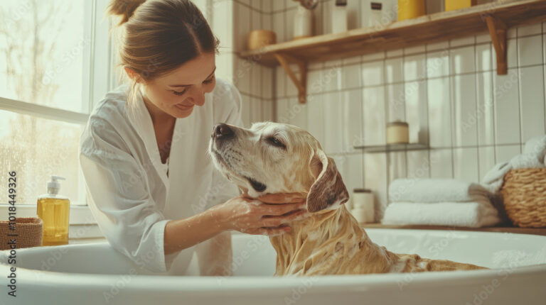 A loving pet owner gently bathing an elderly dog in a bright bathroom, with supportive supplies for senior pet care in view