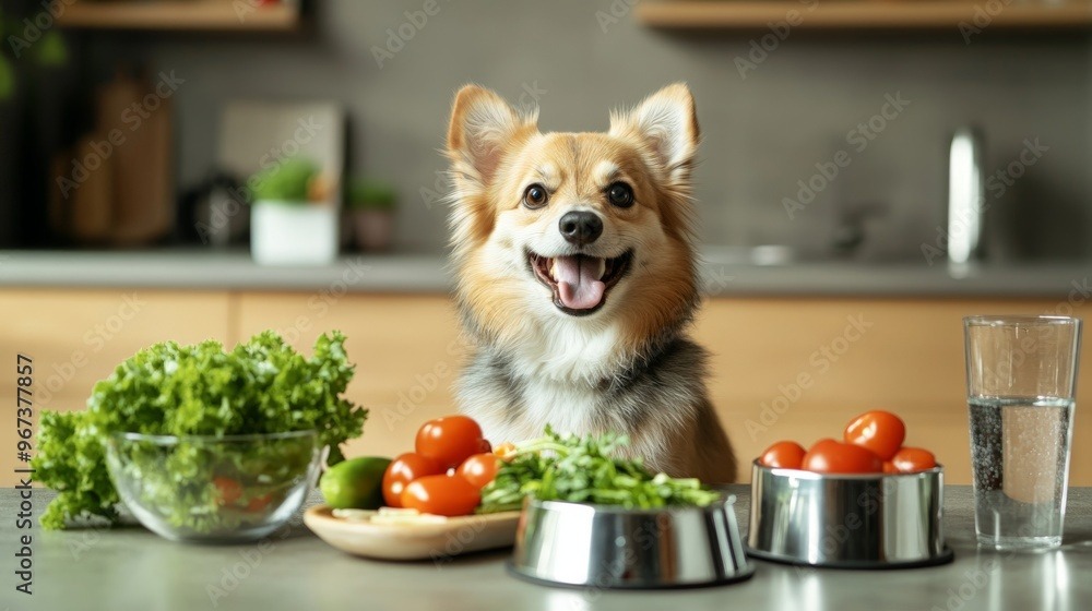 Adorable corgi in kitchen surrounded by fresh vegetables and healthy food choices