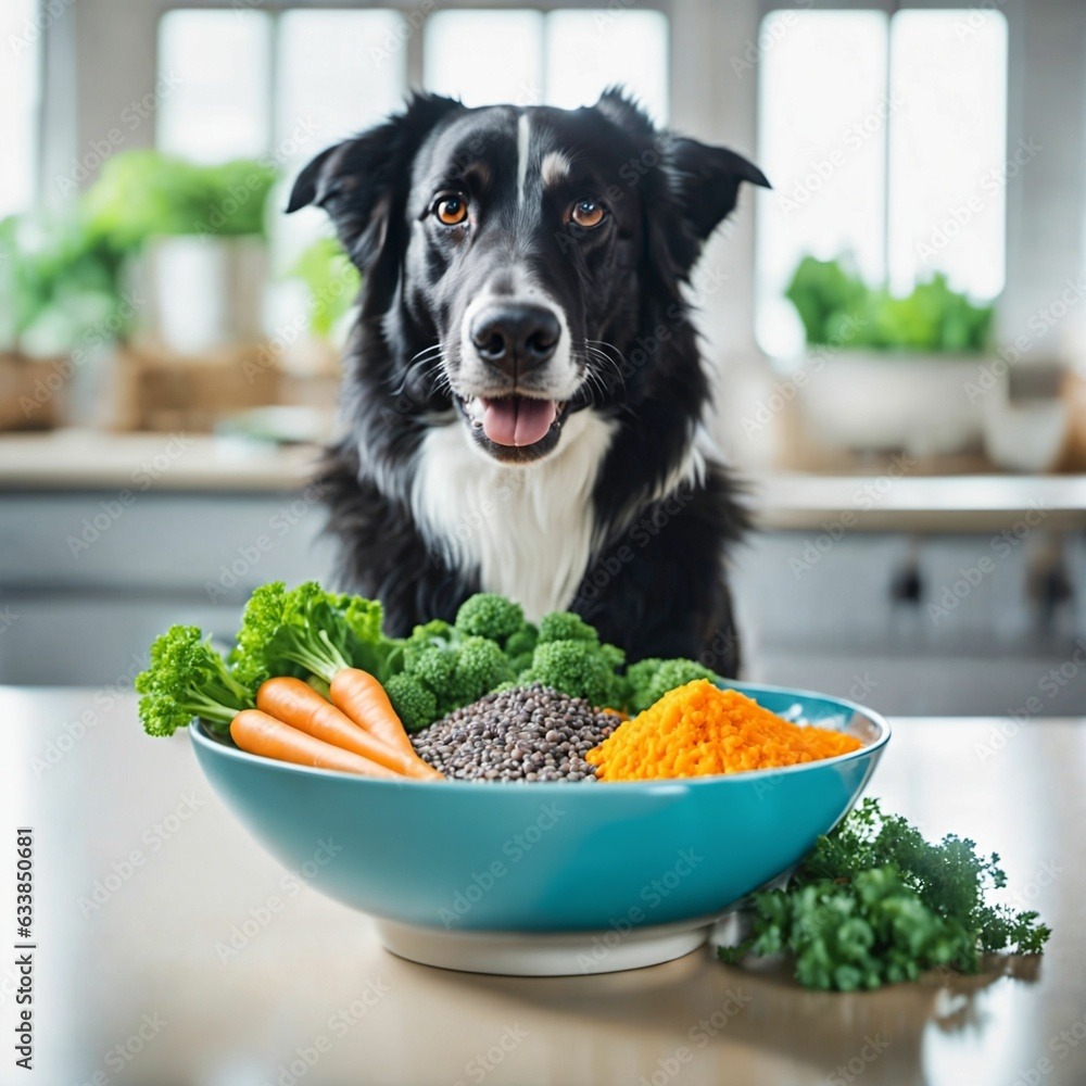 Vegan dog food. Photo of an adorable dog sitting in front of a food bowl with legumes and vegetables. healthy delicious plant based dog food. generative ai